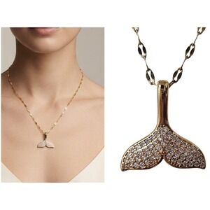 Whale Tail Dainty Gold Necklace Pave CZ Nautical Pendant Minimalist Quiet Luxury